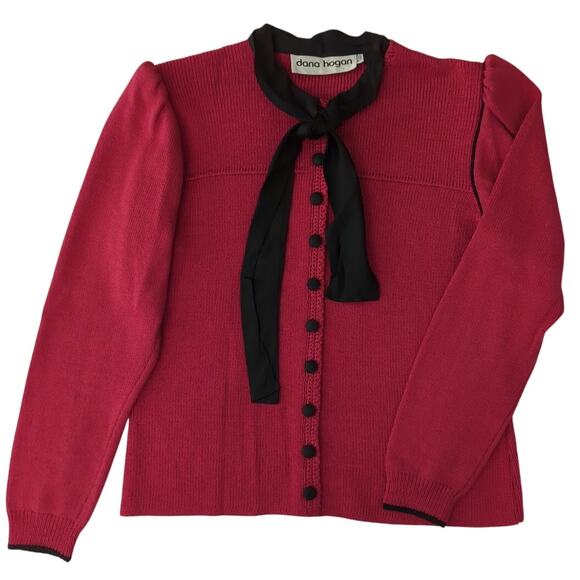 Dana Hogan Dark Pink Black Bow and Piping Santana Knit Cardigan Women's Size M - Picture 1 of 5